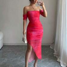 Vestido de mujer elegante con hombros descubiertos, teñido anudado y abertura, vestido maxi de otoño para mujeres - Rosado Sandía - Ver 1