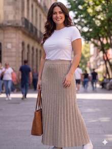 Women's Pleated Knit Skirt, Long, Wide Waistband, Evangelical Style, Elegant And Casual Knit - 乾枯玫瑰色 - 查看 3