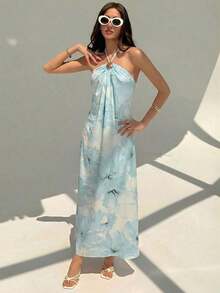 fsfvgsAloruh Nuevo vestido largo con cuello halter, plisado, sin espalda, con decoración de bolas metálicas, talla grande, silueta favorecedora en color champánsbfb s 15F2 - Beis - Ver 4