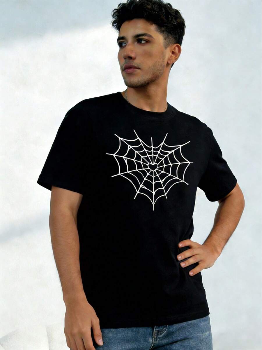 Camiseta masculina con estampado de telaraña - Negro - Ver 1