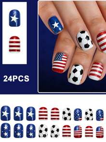 24 piezas de uñas postizas cuadradas cortas con rayas rojas y azules, de resina con alto brillo para eventos de fútbol - Multicolor - Ver 1