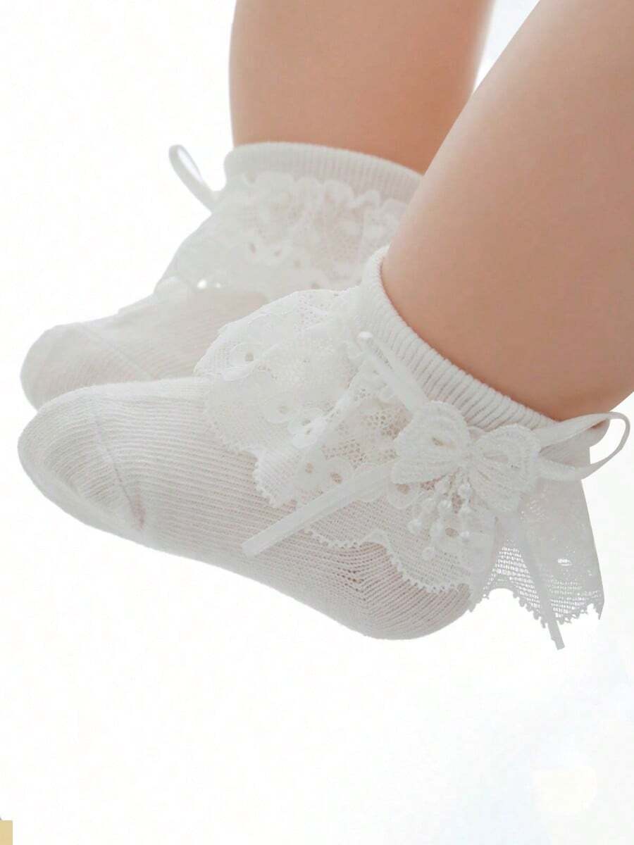 1 Pair Of Soft And Comfortable White Socks For Baby Girls, Featuring Fashionable Princess Style And Lovely Appearance, Suitable For Daily Wear - White - View 1