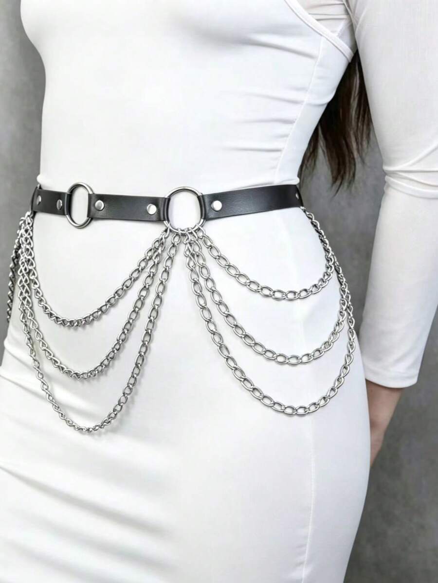 1pc Plus Size Women's Sexy Black Waist Chain, Gothic Style Corset Belt With Rivets And Tassels, Suitable For Daily Commute, Music Festivals, Halloween Parties And Celebrations - Black - View 1