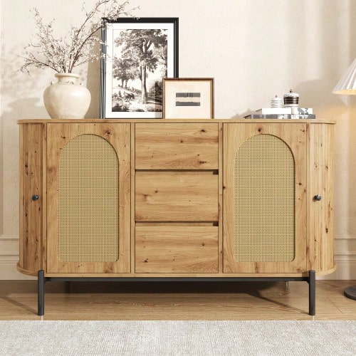 Oval Sideboard With Rattan, Sliding Doors, Doors And Drawers, Adjustable Compartments, Wood Look, Metal Legs, Multifunctional Storage Cabinet - Natural + MDF - View 1