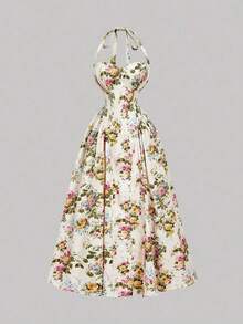 MOD Vestido a media pierna con estampado floral romántico y cuello halter, ideal para el Día de San Valentín, primavera, almuerzos, fiestas de té, vacaciones en la playa, vestidos florales y estilo vintage para mujer - Multicolor - Ver 3