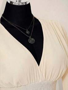 ICON Vestido corto elegante de manga larga con cuello en V y cintura ceñida de unicolor para mujer - Albaricoque - Ver 6