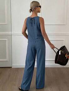 Conjunto de 2 piezas de top de tirantes finos a rayas y pantalones para mujer, conjunto de prendas de estar en casa para mujer - Azul marino - Ver 4