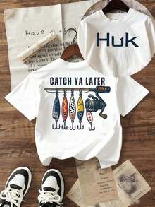 Boys' T-Shirt With Round Neck And Short Sleeves, Huk Fishing Print, Spring And Summer, Outdoor Leisure Sports, Comfortable And Breathable Fabrics, Children's Clothing, Machine Washable, Suitable For School Season, Daily Leisure Travel, Outdoor Activities, Daily School Clothes, Perfect Gift For Children. - 白色 - 查看 10