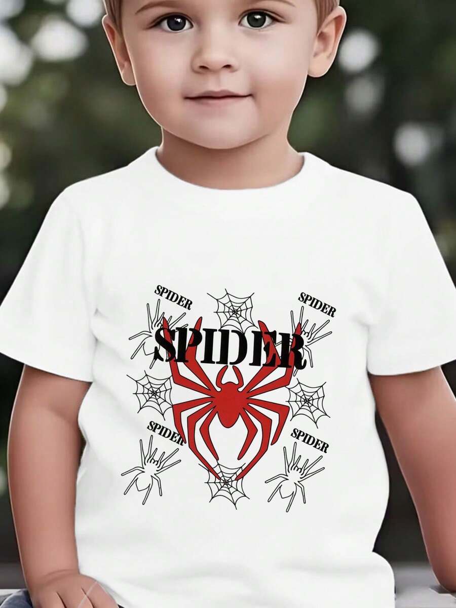 Camiseta de manga corta para niño con estampado de araña, patrón de silueta de araña roja sobre fondo , nueva camiseta de verano de manga corta para niños, camiseta de manga corta para niño con diseño de araña de dibujos animados, camiseta de manga corta simple y divertida para bebé y niño pequeño - Blanco - Ver 1