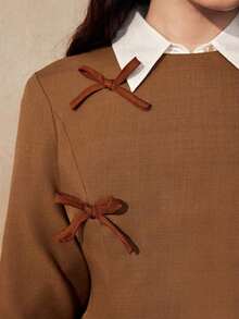MEXChiquease Vestido corto casual, sencillo, de cuello redondo y manga larga con decoración de lazo para mujeresMEX AAWM - Marrón 2 - Ver 6