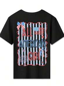 American Honey Kids' Short Sleeve T-Shirt With 4th Of July Cartoon Print, 180g, Soft, Comfortable And Breathable, Suitable For All Seasons, Perfect For Boys And Girls For Everyday Wear, School And Casual Sportswear. An Ideal Crew Neck T-Shirt For Holiday Parties, Gatherings, Outdoor Activities And Travel. - 黑與白 - 查看 3