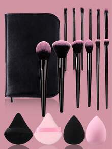 17 piezas Juego de brochas de maquillaje profesional con bolsa, borlas de polvo y 2 esponjas de belleza, kit todo en uno, conjunto completo para maquillaje de rostro completo y ojos - Negro - Ver 2