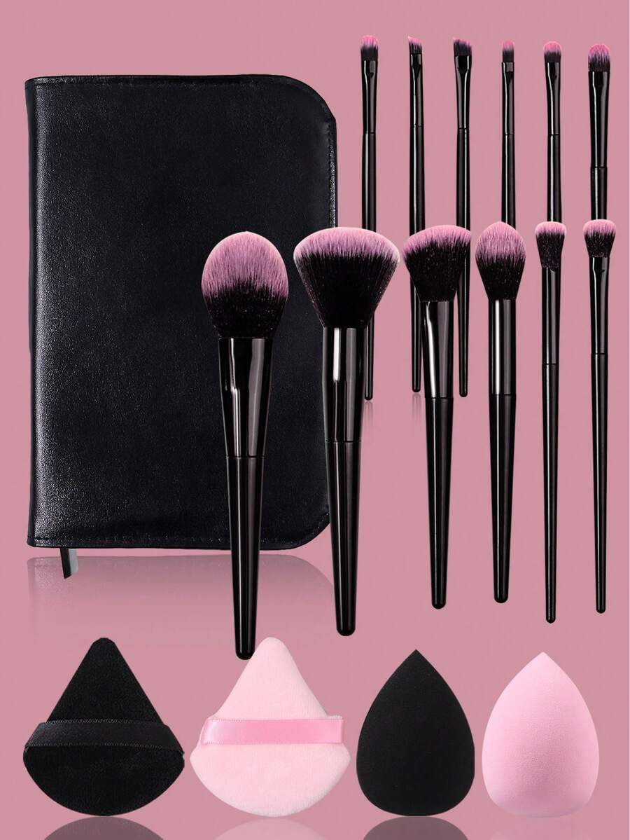 17 piezas Juego de brochas de maquillaje profesional con bolsa, borlas de polvo y 2 esponjas de belleza, kit todo en uno, conjunto completo para maquillaje de rostro completo y ojos
