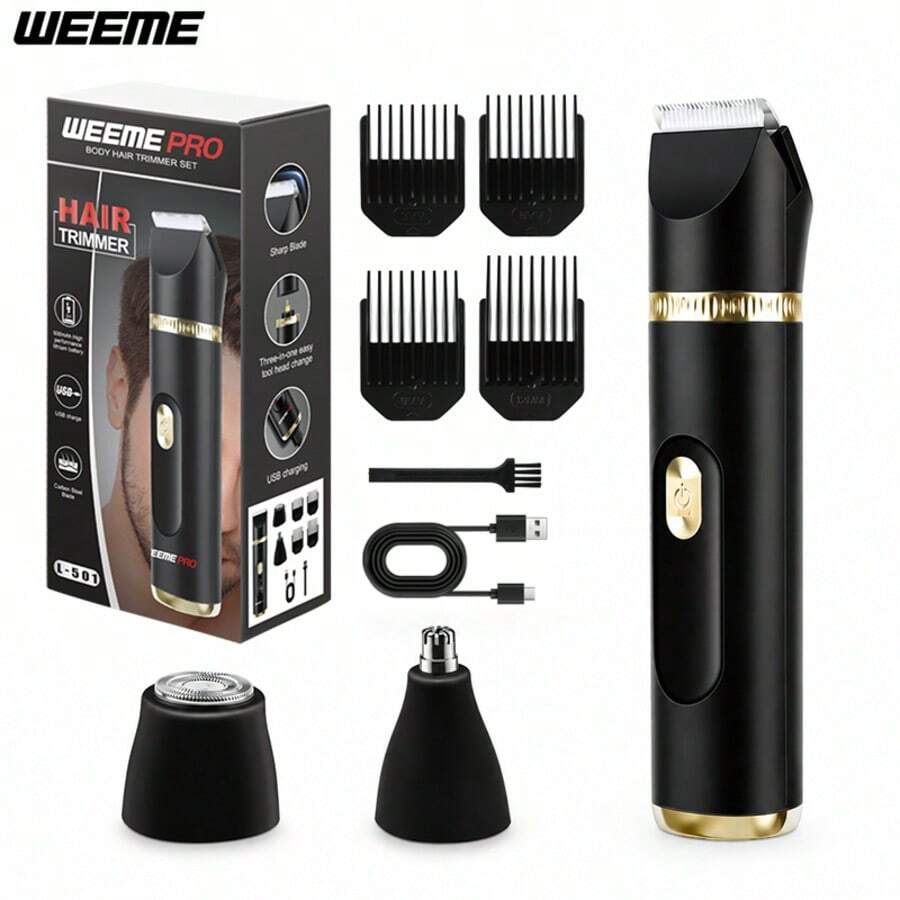 WEEME 3-In-1 Multifunction Body Hair Trimmer, Replaceable Head Electric Razor With Nose Hair Trimmer & Facial Trimmer, Body And Facial Grooming For Men And Women, IPX7 Waterproof Wet/Dry Shaver, LED Display, USB Rechargeable - Black - View 1