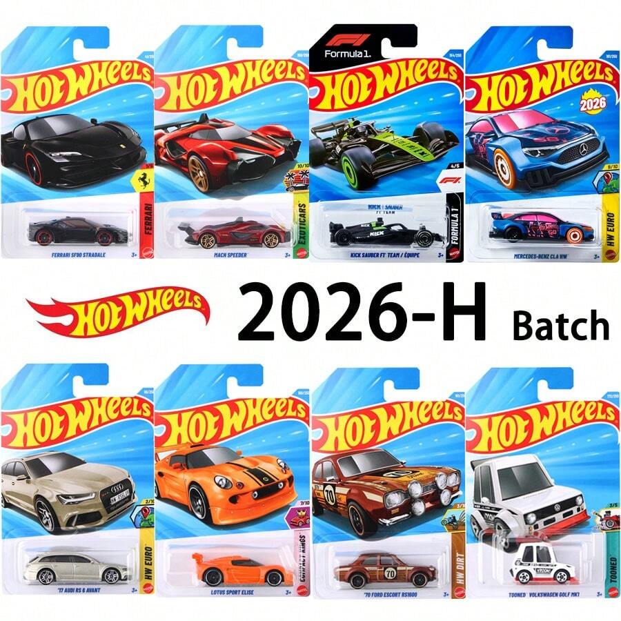 Hot Wheel 1:64比例合金压铸微型汽车模型玩具套装，包含26辆高/25辆低/25辆低合金玩具车，例如招财猫、奥迪RS6、迷你奥斯汀、皮卡、莲花、凯迪拉克、CLA、SF90、雪佛兰、索伯F1赛车等，适合3岁及以上儿童，是理想的圣诞节或生日礼物。