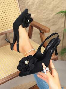 Women's High Heel Sandals, Non-Slip Soft Bottom Suede Floral Pearl Decor Pointed Toe Low-Cut Backstrap Stiletto Mules, European And American Elegant Style For Spring/Summer, Suitable For Work, Commute, Date, Party, Wedding, Vacation, Daily Wear, Black - Black - View 6