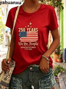 4th Of July Outfit WomenUSA 250th AnniversaryCommemorative Print Women's InspiredT-Shirt Short RoundNeckTopWhite LightweightY2K Short Sleeve Round Nec - 紅色 - 查看 2