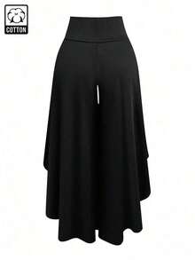 Pantalones anchos asimétricos de cintura alta, de unicolor y livianos, para mujer.Atuendo casual de verano, atuendo de graduación - Negro 2 - Ver 2