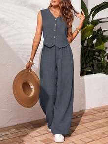 Frenchy Conjunto de 2 piezas de chaleco sin mangas con botones y pantalones de pierna ancha de unicolor, para estilo casual, de oficina y de vacaciones, para primavera/verano/otoño - Niebla azul - Ver 3