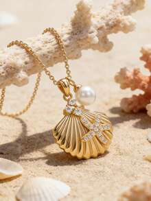 1 Pc Vintage Bohemian Beach Style With Sea Star, Shell, Pearl Necklace With Charms,Suitable For Women, Beach And Resort Wear, Waterproof Jewelry Accessory Gift. - Gold - View 4