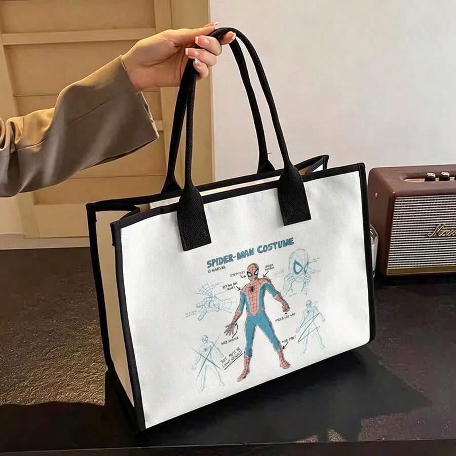 Miniso Marvel Spider-Man Tote Bag - "Costume Blueprint" Print Canvas Shoulder Bag, Large Capacity Handbag For Work, School, Travel & Shopping - Black - View 1