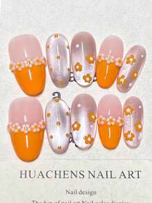 1 Pack/10 Pcs Gradient Nude Pink & Orange Nail Stickers | Daisy Flower Polka Dot + Crystal Pearl Decor | Cute Summer Nail Art For Women | Handmade Full Coverage Long Nail Stickers | Easy To Apply - Orange - View 2