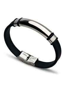 1 pièce Bracelet manchette élégant en acier inoxydable et silicone, lisse, convient pour le port quotidien des hommes - Noir et Blanc - Voir 11