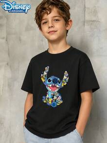 Camiseta de manga corta negra de un solo pieza con estampado de Stitch y sus amigos de Disney Lilo & Stitch para niños y adolescentes, ropa de verano casual diaria para chicos adolescentes - Negro - Ver 3