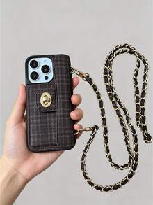 1pc Luxury Fragrance Style Rhombus Chain Lock Card Holder Crossbody Phone Case, Premium Wool Pattern Quilted Microfiber Leather, Crossbody Leather Chain Coin Card Holder Portable Protective Shell For Women, Compatible With Apple/ Galaxy S24 Ultra/ 17 Pro Max/16 Pro Max/12 Pro/13/14 Plus/15 Pro Max/18/18 Pro Max - Brown - View 4
