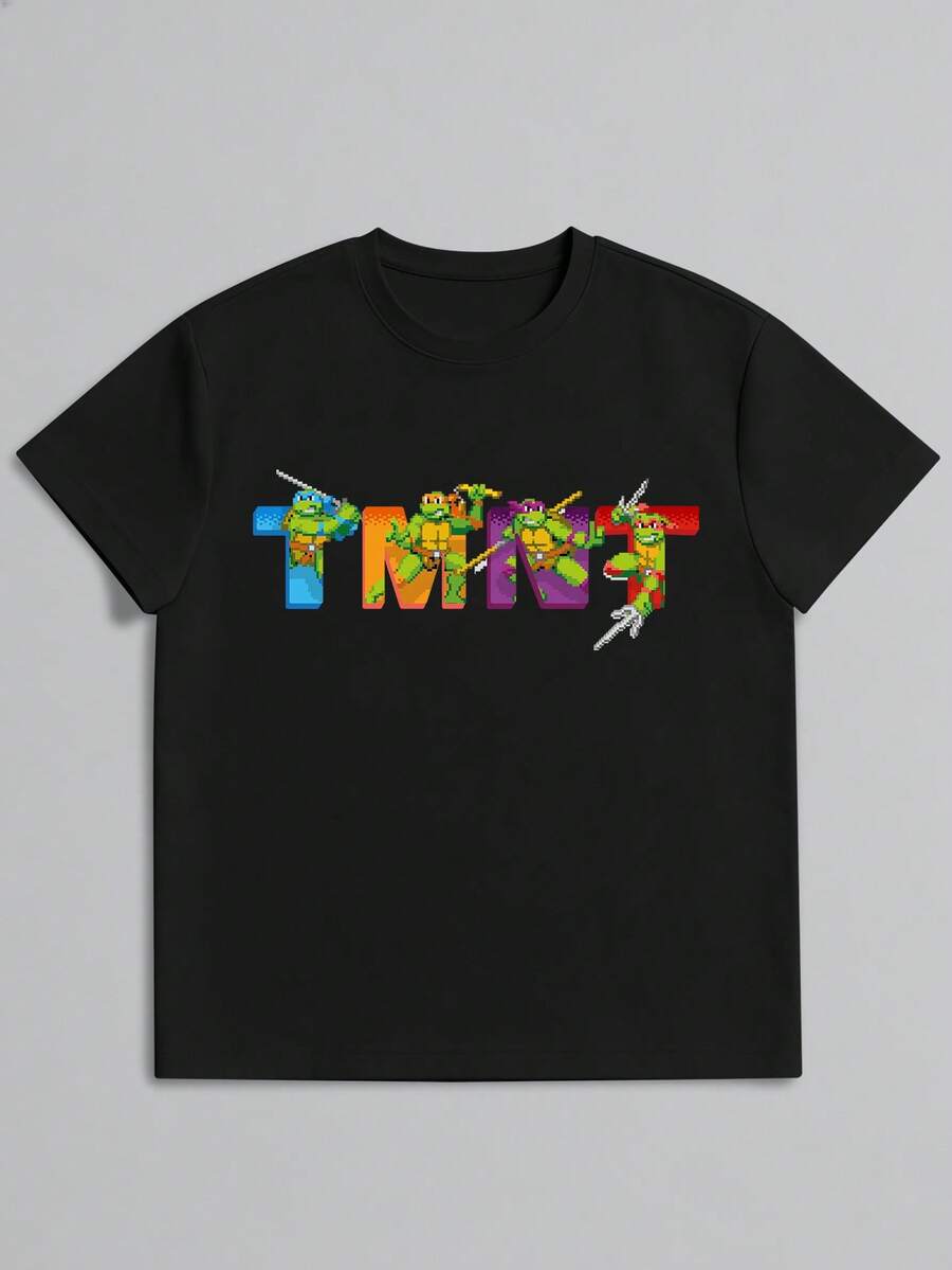 Strevion TEENAGE MUTANT NINJA TURTLES | SHEIN Men's Simple Ninja Turtles Mosaic Pattern Letter Print Crew Neck Short Sleeve Summer T-Shirt - Black - View 1