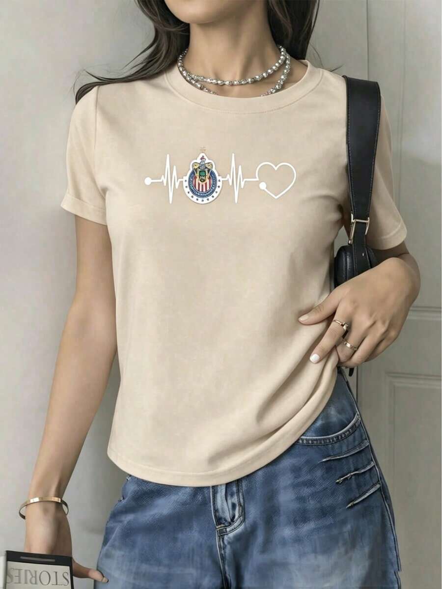 2026 Heartbeat With Shield That Symbolizes The Infinite Passion For Football And The Love That Makes Every Heart Vibrate, Showing Strength, Unity And Mexican Pride. Women's T-Shirt 100% Cotton 220g Cool100% Cotton - 杏色 - 查看 1