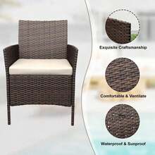 Juego de Muebles de Patio de 3 Piezas, Muebles de Ratán para Exteriores con 2 Sillas Acolchadas y Mesa de Centro, Conjunto de Bistro para Jardín, Patio Trasero, Porche - Cojín marrón y beige - Ver 6