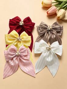5pcs/Set High-Quality Large Satin Ribbon Double-Layer Bow Hair Clips, Elegant School Style - Cute Girls Hair Accessories, Exquisite Crystal & Pearl Design, Sweet Striped Ribbon Clips, Best Gift For Girls, Suitable For Valentine's Day And All Occasions - White - View 4