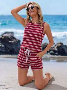 Conjunto de 2 piezas de top de tirantes con estampado de caballo blanco y shorts a rayas, adecuado para uso casual diario, primavera/verano - Multicolor 3 - Ver 9