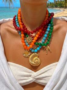 4pcs/Set Vintage French Elegant Fashion Hiphop Boho Vacation Style Bling Bling Colorful Beaded Necklace Set With Green Turquoise, Green, Wine Red, Orange, Starfish, Shell, Fish, Flower Pendants, Tassel, Y-Shaped, Choker, Suitable For Women Summer Beach Party, Dinner, Music Festival, Daily Wear, All Season Versatile Jewelry - Multicolor - View 2