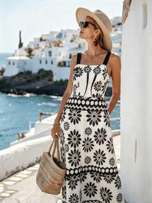 1 peça Vestido Vintage com Estampa Total, Sem Costas, Roupa de Praia e Férias, Primavera/Verão Elegante para Festa - Multicolorido - Ver 4