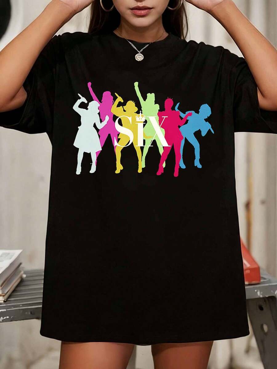 SIX The Musical Colorful Queens Silhouette Oversized Black Graphic T-Shirt - 黑色 - 查看 1
