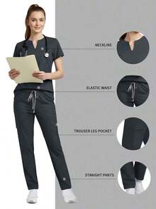 Set de 2 piezas Uniforme de enfermera para mujer, Parte superior + Pantalones con bolsillos, Ropa de trabajo para sala de cirugía, Ropa de trabajo para salón de belleza Primavera - Gris - Ver 1