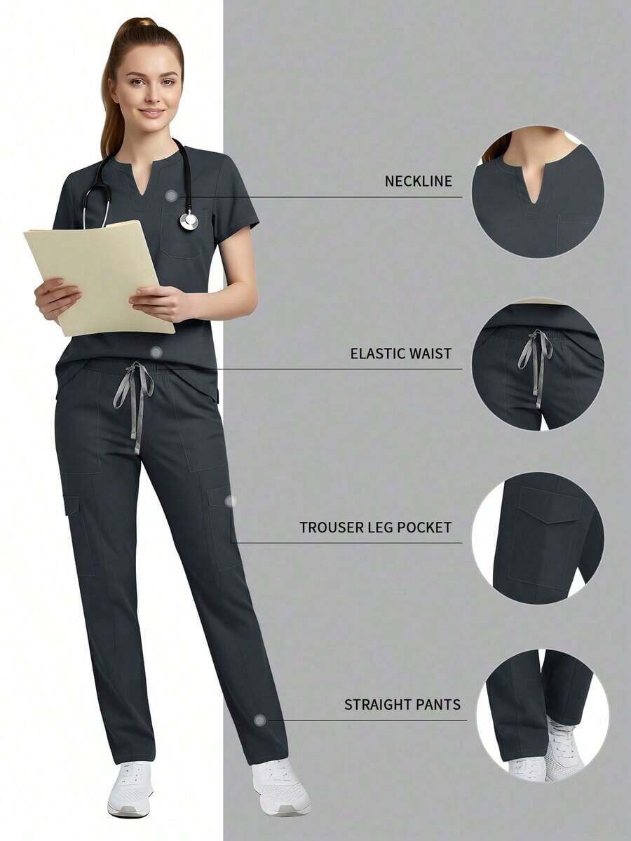 Set de 2 piezas Uniforme de enfermera para mujer, Parte superior + Pantalones con bolsillos, Ropa de trabajo para sala de cirugía, Ropa de trabajo para salón de belleza Primavera - Gris - Ver 1
