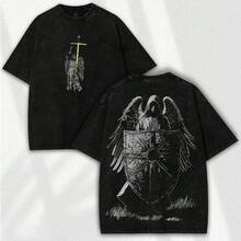 New Retro Heavyweight T-Shirt With Comfortable Fabric, Valentine's Day Tees, Men's Urban Brand Modern Style T-Shirt. | High-Quality Retro T-Shirt With Sword And Angel Shield Print, Front And Back Print, Perfect Gift, Loose Fit, Comfortable And Breathable, Machine Washable, Hip-Hop Style, Y2K Fashion Clothing. The Best Gift For Friends. - 黑色 - 查看 1