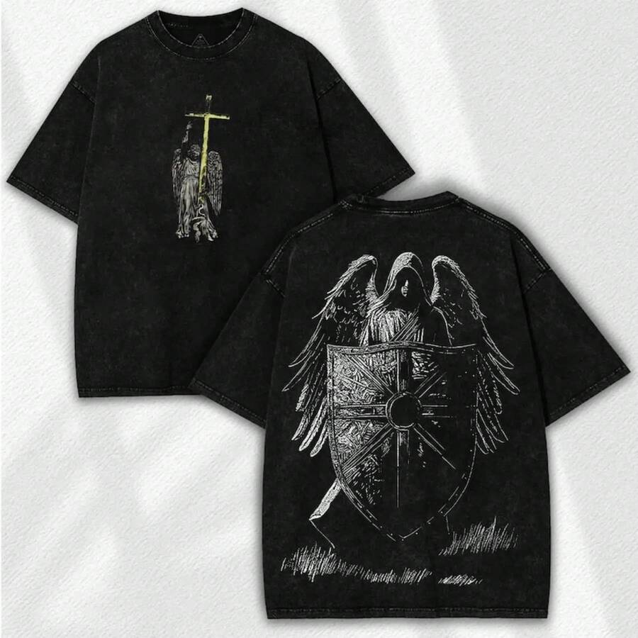 New Retro Heavyweight T-Shirt With Comfortable Fabric, Valentine's Day Tees, Men's Urban Brand Modern Style T-Shirt. | High-Quality Retro T-Shirt With Sword And Angel Shield Print, Front And Back Print, Perfect Gift, Loose Fit, Comfortable And Breathable, Machine Washable, Hip-Hop Style, Y2K Fashion Clothing. The Best Gift For Friends. - 黑色 - 查看 1