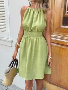 LUNE Vestido casual de mujer con textura de jacquard con cuello halter - Verde - Ver 5