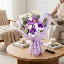Handmade Purple Crochet Flower Bouquet, Finished Cotton Yarn Roses Tulips With Fern Leaves, Artificial Knitted Flowers Gift For Lover Frien - Purple - View 8