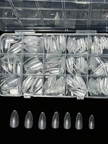 330pcs/Box Short Almond Shaped Acrylic Matte Transparent Nail Tips, 15 Sizes Carved Soft Gel Quick Extension Nail Kit, Press-On Artificial Fake Nails - Clear - View 2