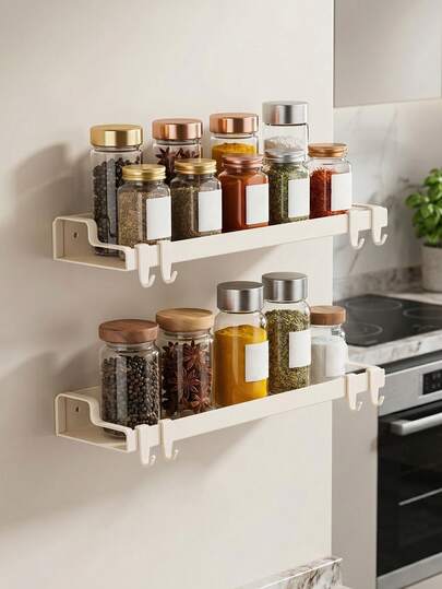 Wall Mount Spice Rack, No Drill Spice Organizer With Customizable Tier Spacing,Multi-Tier Organizer With Customizable Spacing, Fits Tall & Short Bottles, Hooks Included For Utensils & Towels, Space Saving, Ideal For Small Kitchens & Bathrooms.