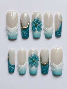 10pcs Handmade Rectangular Nail Art Stickers, 3D Blue-Green Flower And Wave French Tip Nail Decor, Removable And Reusable Nail Art Supplies Set (Includes Gel Glue And Nail File) - Baby Blue - View 1