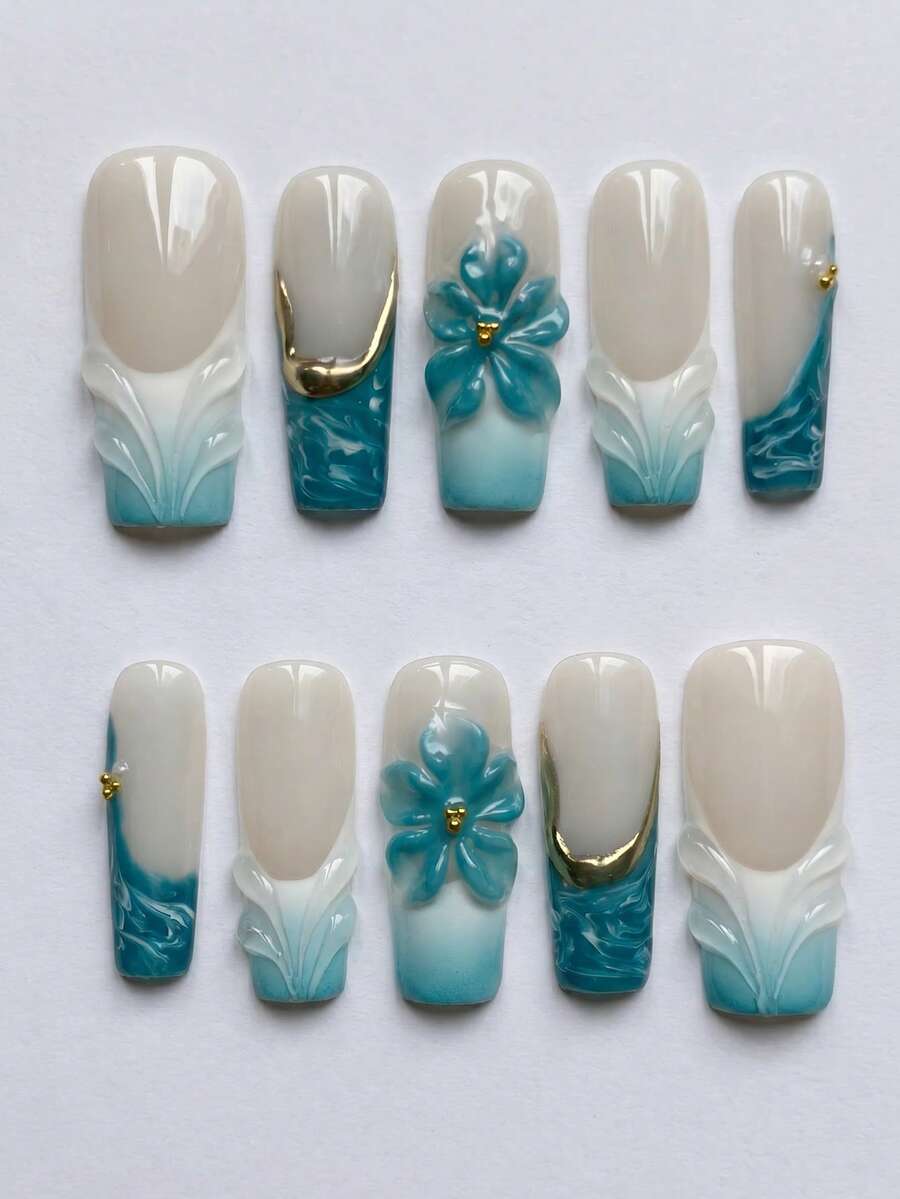 10pcs Handmade Rectangular Nail Art Stickers, 3D Blue-Green Flower And Wave French Tip Nail Decor, Removable And Reusable Nail Art Supplies Set (Includes Gel Glue And Nail File) - Baby Blue - View 1