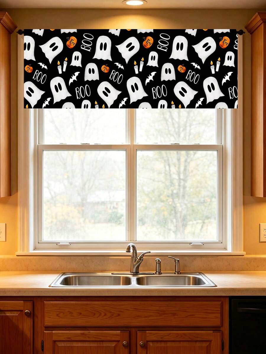 1 perdea cu model de dovleac, liliac și fantomă drăguță, 45x140 cm, alb-negru, cu desene animate, design cu buzunar pentru tijă, ușoară, material poliester, potrivită pentru toate anotimpurile, decor de Halloween pentru casă, aplicabilă pentru bucătărie, dormitor, cafenea, birou - Multicolor - Vizualizare 1