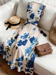 Vestido casual de mujer sin mangas con estampado de posicionamiento simple, vestido acampanado con cintura ceñida, adecuado para verano casual, vacaciones, primavera/verano, oficina, diario,, playa, graduación, uso versátil de oficina, vestido con cuello en V y cintura fruncida - Multicolor 4 - Ver 1