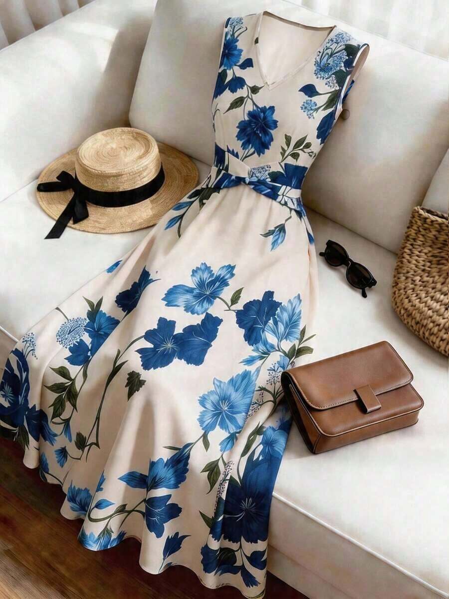 Vestido casual de mujer sin mangas con estampado de posicionamiento simple, vestido acampanado con cintura ceñida, adecuado para verano casual, vacaciones, primavera/verano, oficina, diario,, playa, graduación, uso versátil de oficina, vestido con cuello en V y cintura fruncida - Multicolor 4 - Ver 1
